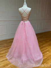 Elegant Pink Tulle V-neck A-line Long Prom Dress, PD37921
