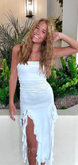 Unique White Strapless Ruffles Mermaid Prom Dress, Evening Dress, PD37639