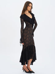 Parisa Black Lace Ruffled Mermaid Maxi Dress