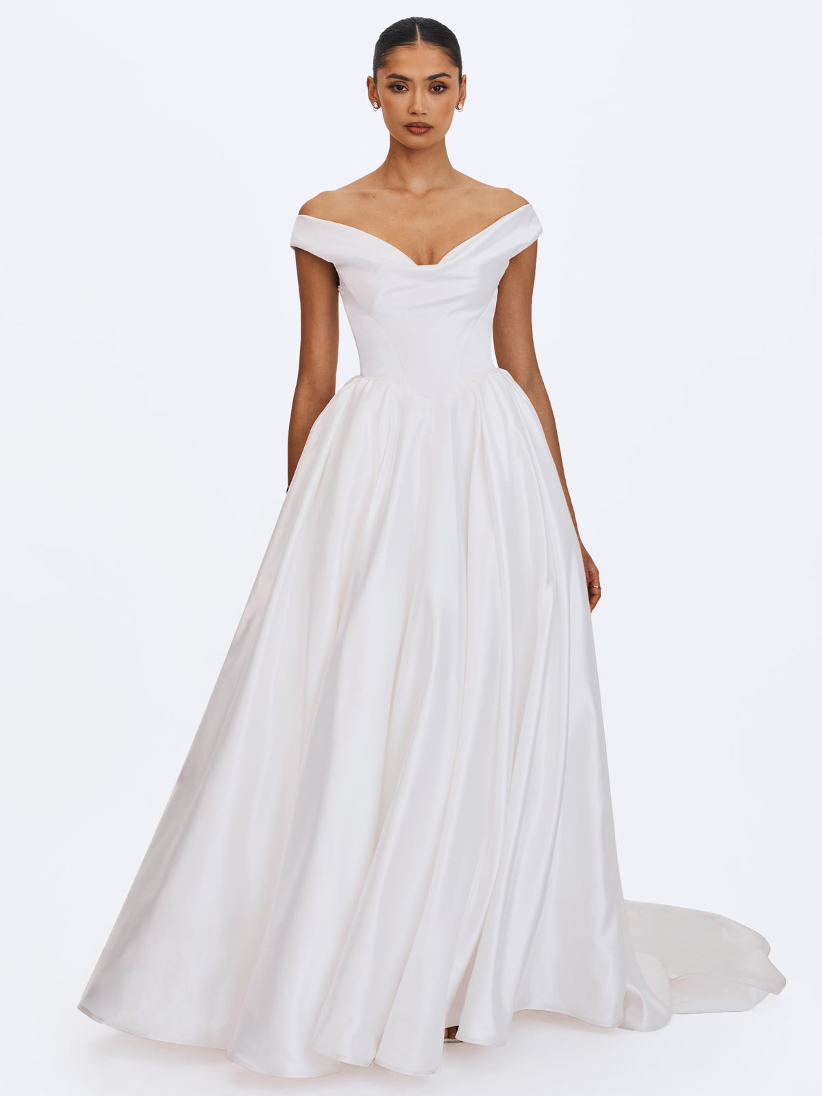 Unna White Satin Bardot Cowl Wedding Gown