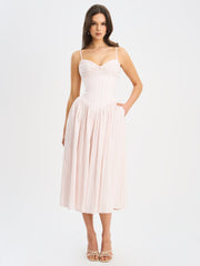 Zania Pink Stripe Cotton Jacquard Midi Dress