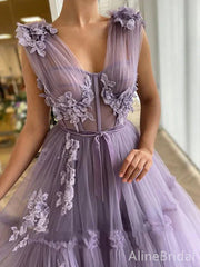 Romantic Lilac Tulle Tiered Prom Dress-Lace Applique V-Neck Sleeveless Evening Gown,PD37929