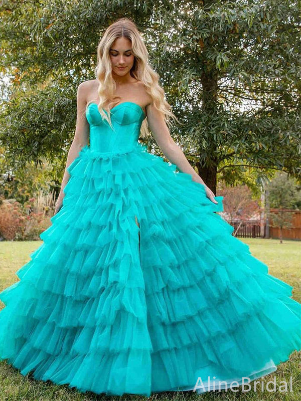 Elegant Teal Blue A-line Strapless Long Tiered Tulle Prom Dress, Evening Dress, PD37952