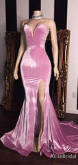 Elegant Pink Strapless VelvetMermaid Long Prom Dress with Slit, Evening Dress, PD37953