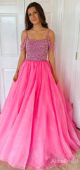 Sparkly Pink Beaded Cold Shoulder A-line Prom Gown, Evening Dress, PD37956