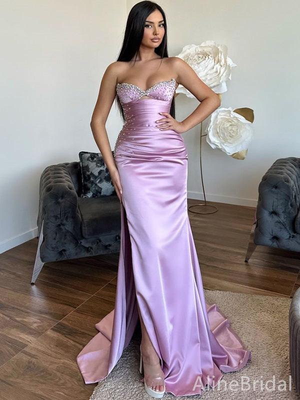 Sexy Purple Beaded Strapless Mermaid Long Prom Dress with Slit, Evening Dress, PD37957