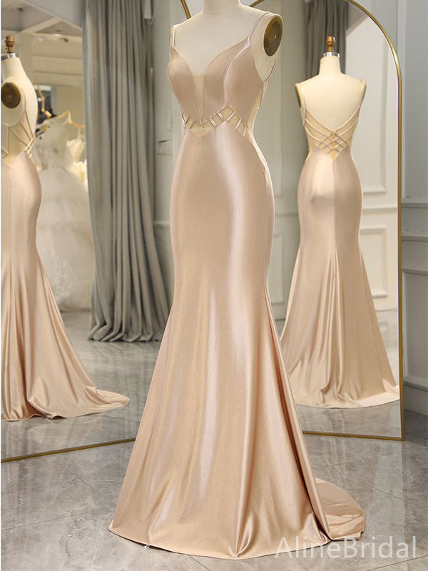 Elegant Light Champagne V-neck Spaghetti Strap Mermaid Long Prom Dress, Evening Dress, PD37958