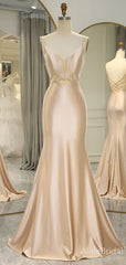 Elegant Light Champagne V-neck Spaghetti Strap Mermaid Long Prom Dress, Evening Dress, PD37958