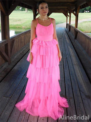 Stunning Pink Spaghetti Strap Ruffles Tulle Prom Dress-A-line Evening Dress, PD37959