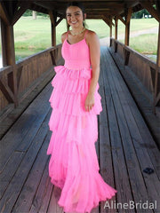Stunning Pink Spaghetti Strap Ruffles Tulle Prom Dress-A-line Evening Dress, PD37959