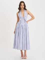 Mackenna Navy Cotton Stripe Halter Smock Back Maxi Dress