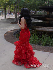 Stunning Red Floral Mermaid Prom Dress with Tiered Ruffles, Evening Dress, PD3823018