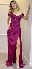 Elegant Purple Lace Off Shoulder High Slit Mermaid Prom Dress, Evening Dress,PD37967