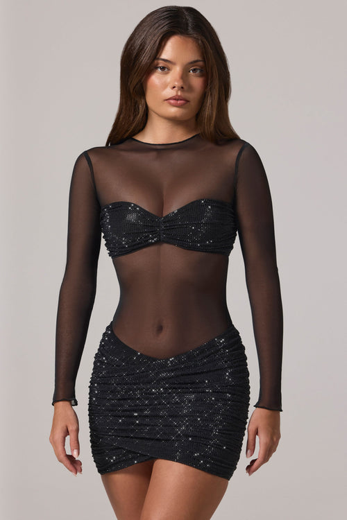 Sheer Embellished High-Neck Long Sleeve Mini Dress in Black