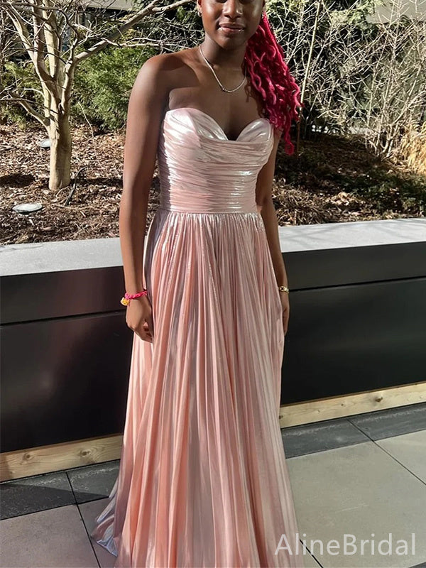 Elegant Pink Strapless Pleated A-line Long Prom Dress, PD37976