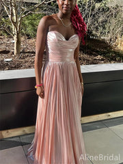 Elegant Pink Strapless Pleated A-line Long Prom Dress, PD37976
