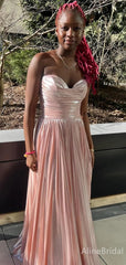 Elegant Pink Strapless Pleated A-line Long Prom Dress, PD37976