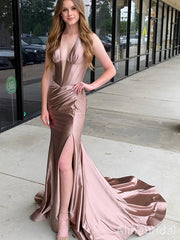 Sexy Taupe V-neck Backless Mermaid Prom Dress with Slit, PD37980