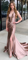 Sexy Taupe V-neck Backless Mermaid Prom Dress with Slit, PD37980