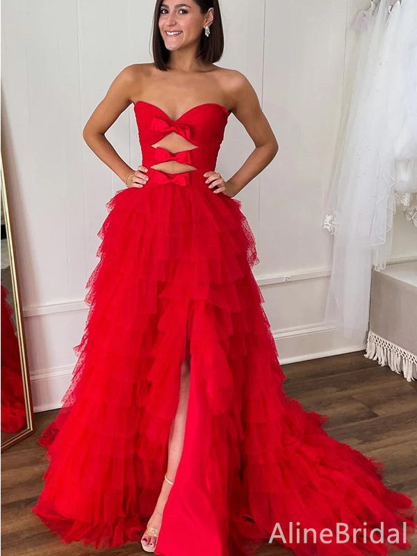 Unique Red Strapless A-line Long Prom Dress with Slit -Ruffles Tulle Evening Dress with Bow, PD37981