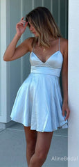 Simple V-neck Spaghetti Strap Ivory A-line Short Homecoming Dress, HD32785