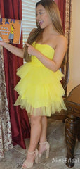 Gorgeous Strapless A-line Yellow Tulle Short Homecoming Dress, Mini Prom Dress, HD32787
