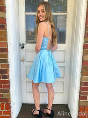 Elegant Spaghetti Strap Blue A-line Short Homecoming Dress, HD32788