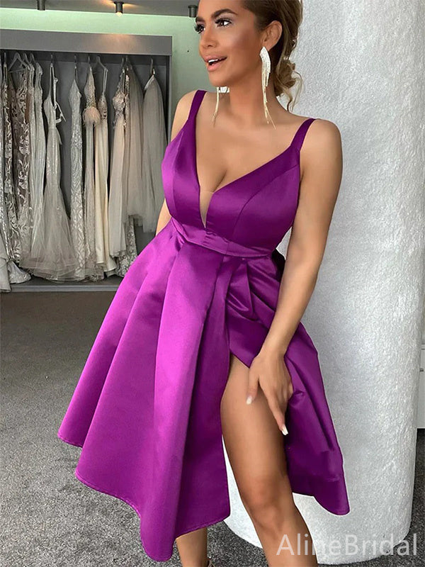 Sexy V-neck Purple A-line Short Homecoming Dress with Slit, HD32784