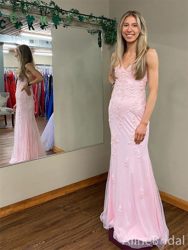Gorgeous Lace Applique Pink V-neck Mermaid Long Prom Dress, Evening Dress, PD38013