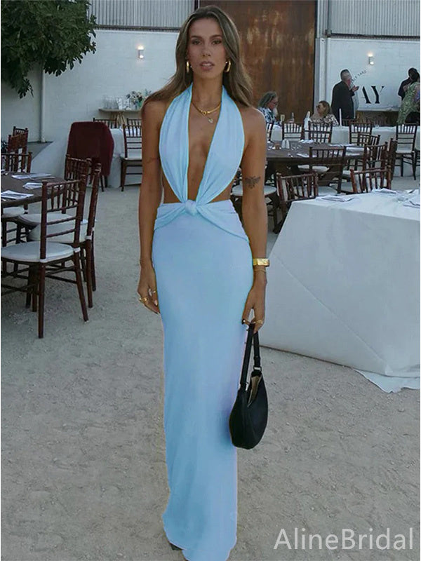Sexy Blue V-neck Halter Backless Mermaid Long Prom Dress, Evening Dress, PD38008
