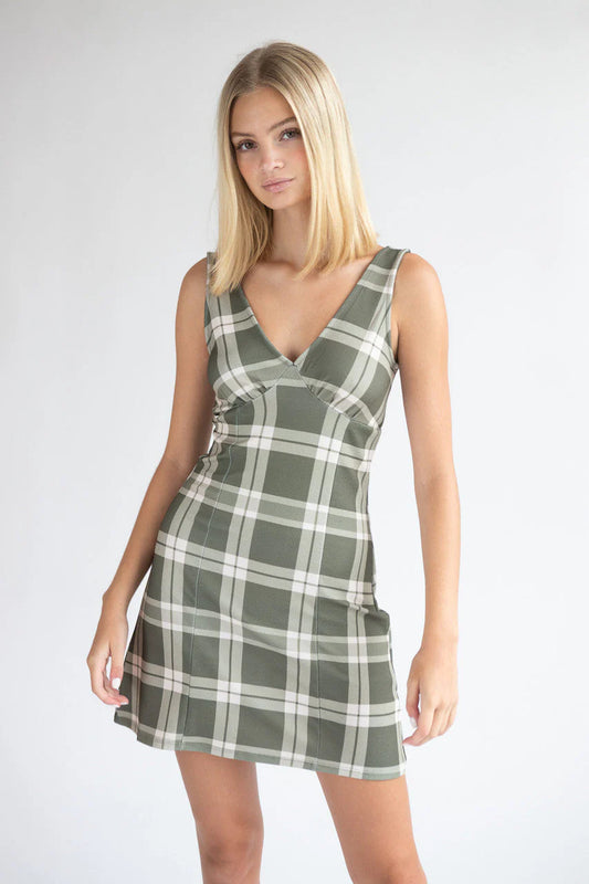 Plunge Neck Plaid Dress