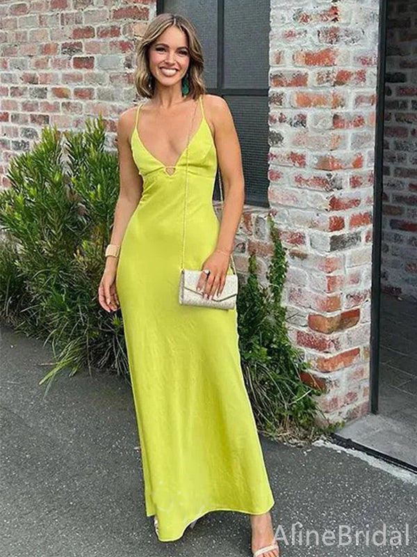 Sexy Lemon Green V-neck Spaghetti Strap Mermaid Long Prom Dress, PD38005