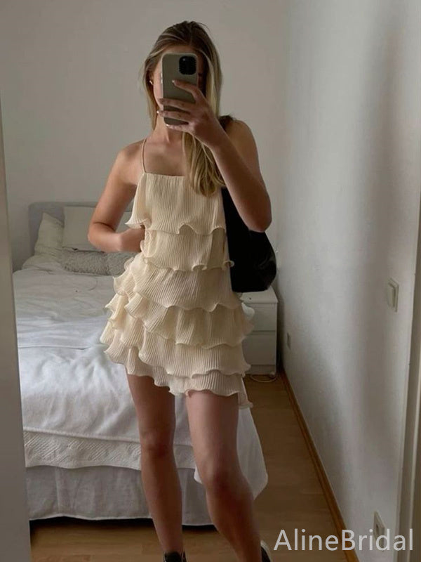 Elegant Off-White Spaghetti Strap Ruffles Chiffon Short Homecoming Dress, HD32782
