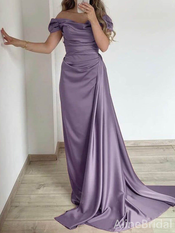 Elegant Purple Off the Shoulder A-line Long Prom Dress with Drape, PD38001
