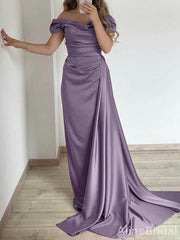 Elegant Purple Off the Shoulder A-line Long Prom Dress with Drape, PD38001