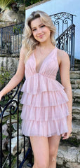 Elegant V-neck Pink A-line Tiered Tulle Homecoming Dress, HD32779