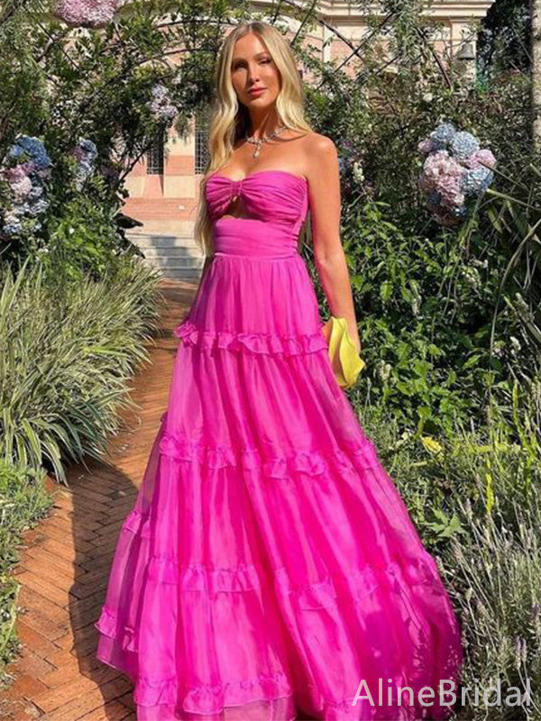 Sexy Hot Pink Strapless Ruffles A-line Long Prom Dress, PD38000