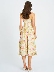 Jacinda Yellow Floral Print Linen Midi Dress