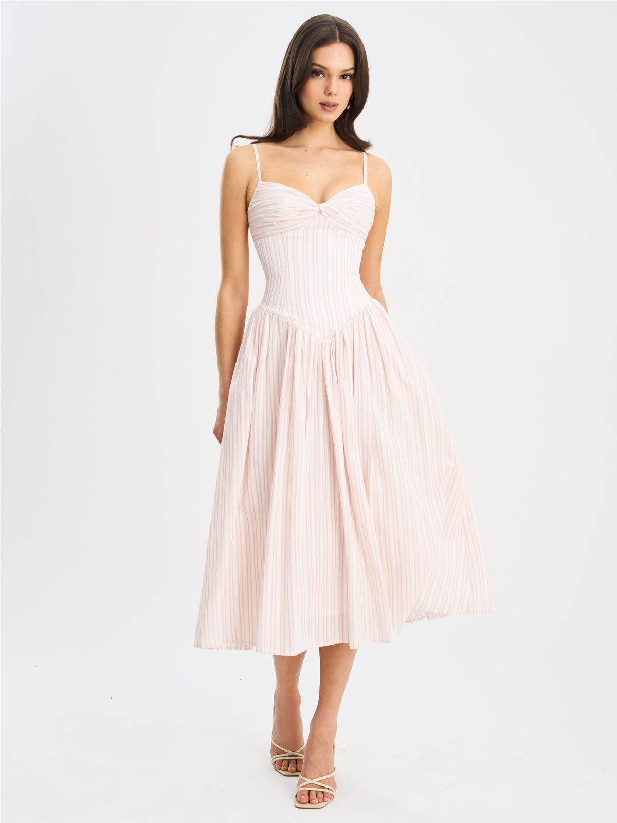 Zania Pink Stripe Cotton Jacquard Midi Dress