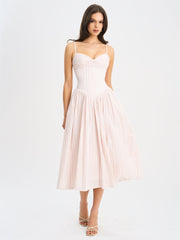 Zania Pink Stripe Cotton Jacquard Midi Dress