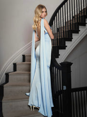 Eira Mist Blue Cowl Scarf-Detail Mermaid Maxi Dress