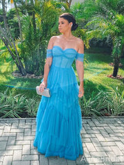 Sexy Sweatheart Strapless Blue Corset A-line Tiered Tulle Prom Dress, PD37997