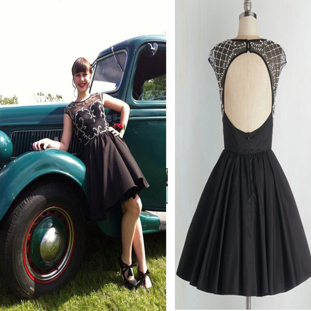 Shortopen back simple unique  black freshman formal homecoming prom dresses,BD0090