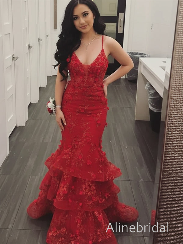 Stunning Red Floral Mermaid Prom Dress with Tiered Ruffles, Evening Dress, PD3823018