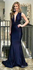 Elegant Navy Blue Deep V-neck Mermaid Long Prom Dress, Evening Dress, PD37995