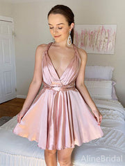 Sexy Deep V-neck Pink Pleated A-line Short Homecoming Dress, HD32789