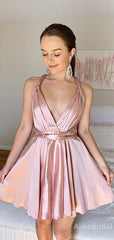 Sexy Deep V-neck Pink Pleated A-line Short Homecoming Dress, HD32789
