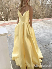 Simple V-neck Yellow A-line Long Prom Dress, Evening Dress, PD38016