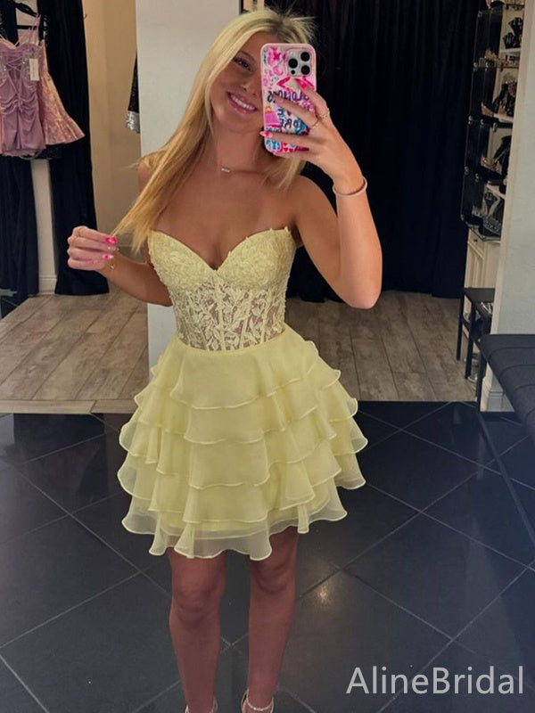 Elegant Yellow Chiffon Strapless A-line Ruffles Short Homecoming Dress, HD32795