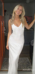 Elegant White V-neck Spaghetti Strap Mermaid Long Prom Dress, PD38020